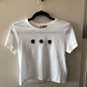 White crop top w/ embroidered roses by Pull & Bear